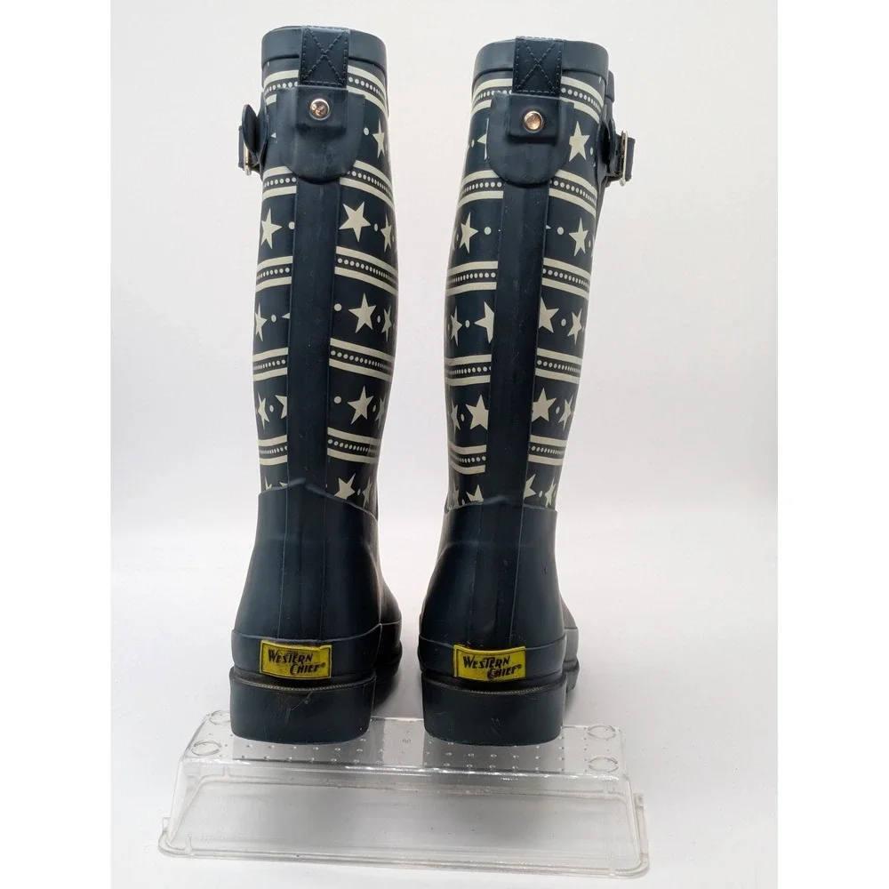 Western Chief Stars Stripes Rain Boots Womens 7 Navy Waterproof Rubber Buckle